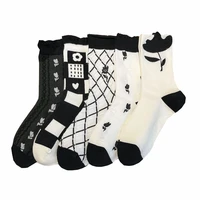 3 pairs middle tube korean socks women print stitching cotton socks fashion new long winter kawaii foot cover skateboard sokken