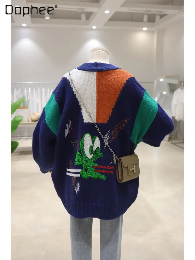 Fashionable Sequined Cartoon Pattern Sweater Cardigan 2022 Winter Loose V-neck Single Brewed Thick Warm Knitted Coat for Women