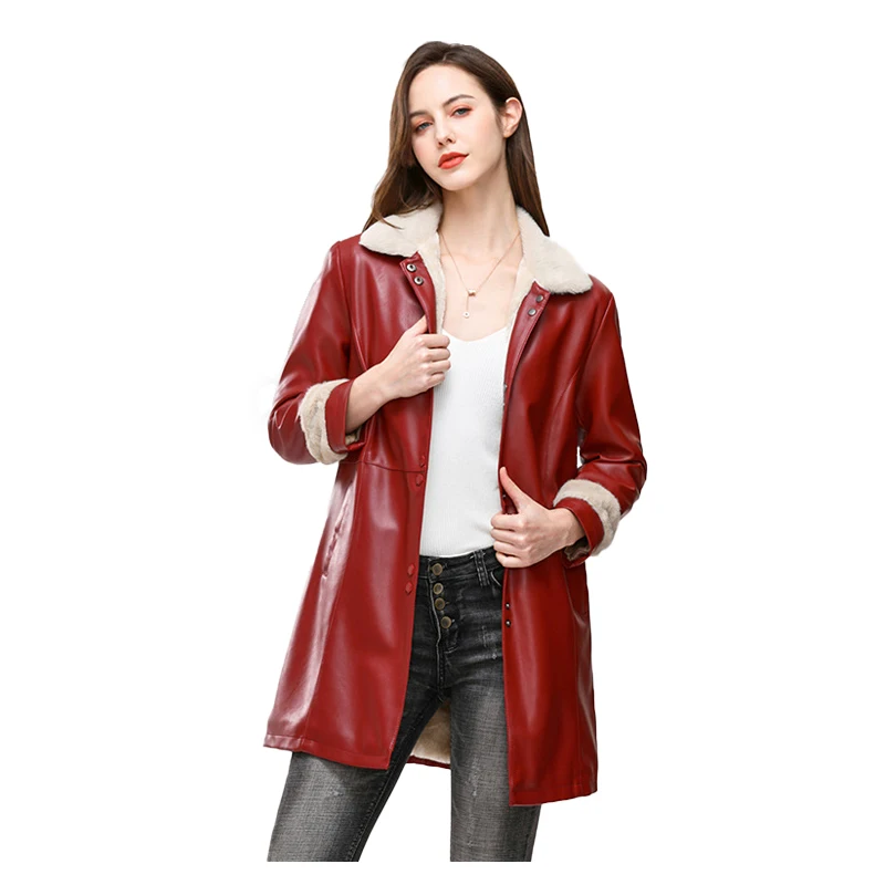 Elegant Fur Fleece PU Leather Jacket Coat Cloth Women Winter Out Wear Long Lady Overcoat Casual Girl Warm Clothing Outfits Red