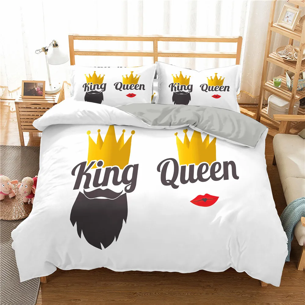 

King And Queen Duvet Cover Set Microfiber Crown Lettering 2/3 Piece Bedding Set with Pillow Shams, Black White Blue Quilt Cover