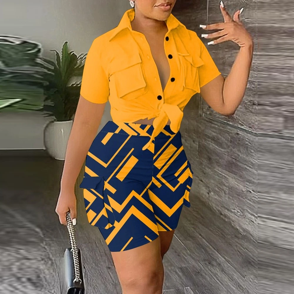 

Женский комплект рубашка с коротким рукавом и шорты 2023 Дашики Африканский летний модный спортивный костюм комплект из двух предметов наряд спортивный костюм