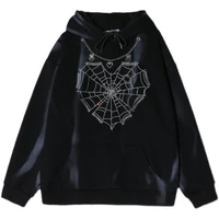 qweek gothic punk rhinestone print oversize sweatshirts women harajuku streetwear hoodies female grunge hooded chain winter tops