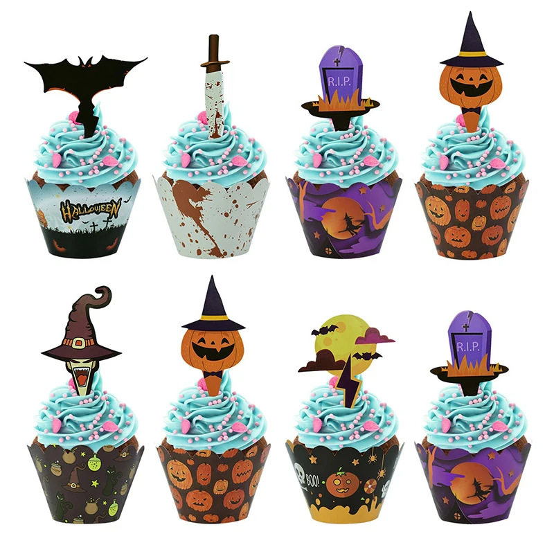 

24pcs Halloween Decoration Cupcake Wrapper Pumpkin Witch Bat Cake Topper DIY Baking Cup Paper Cake Wrapper Halloween Party Decor