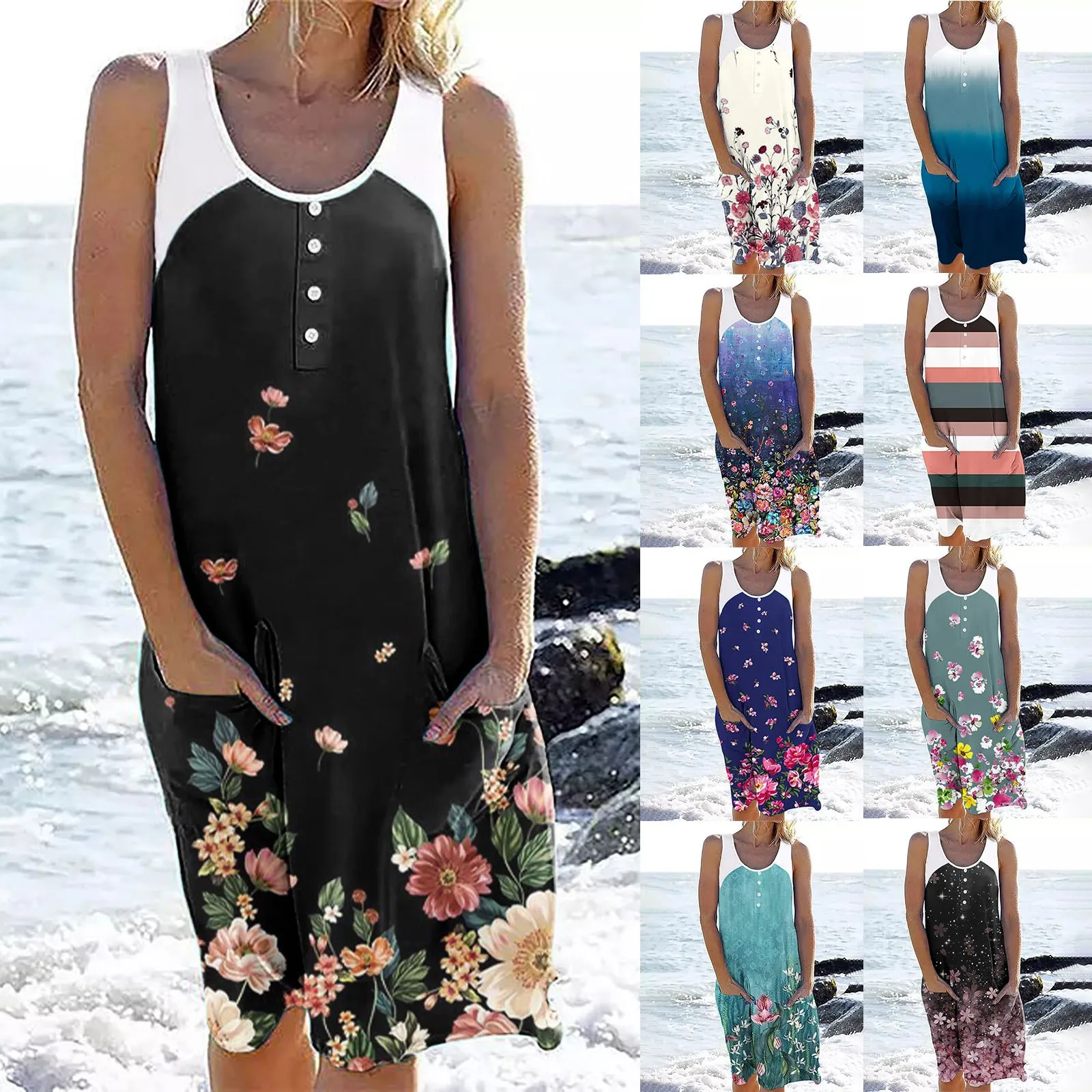 

Женское повседневное летнее платье без рукавов, с круглым вырезом, средней длины