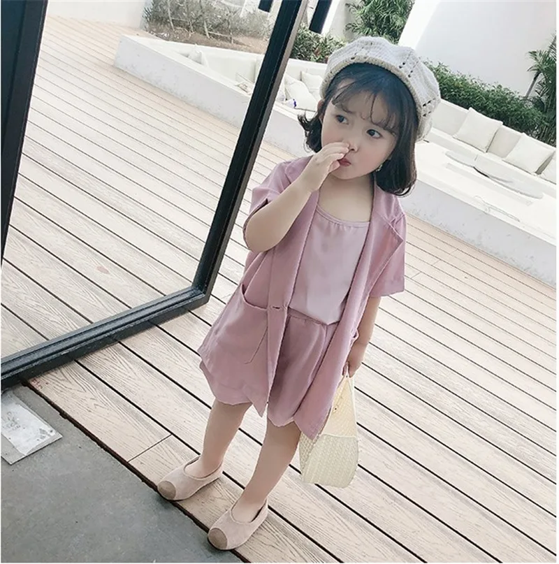 

RiniLucia Summer 2022 Kids Baby Girls Fashion 3-piece Outfit Set Halter Solid Color Tops+Shorts+Blouses Set Daily Wear