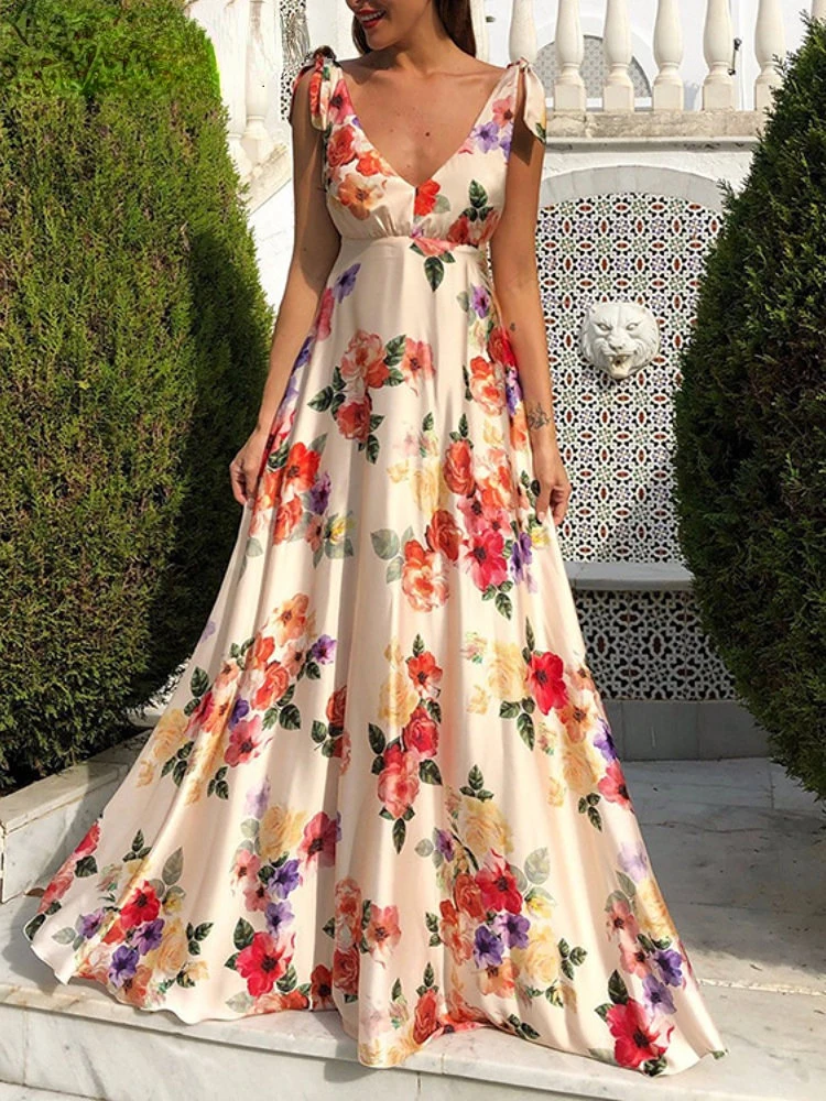 

2023 New Women's Summer Dress Backless Print Sleeveless Suspender V-neck Fashion Sexy Dress Robe Elegant and Commuting Style