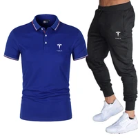 high quality new summer tesla logo mens polo t shirt suit outdoor sports suit fashion casual polo shirt pants 2 piece set