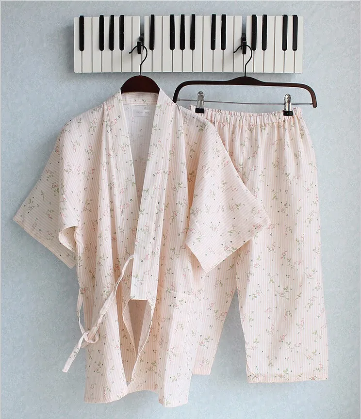 Cotton Gauze Pajama Shorts Women Short Sleeve Kimono Robe Top & Knee Length Pants Japanese Homewear Yukata Summer Sleepwear Set