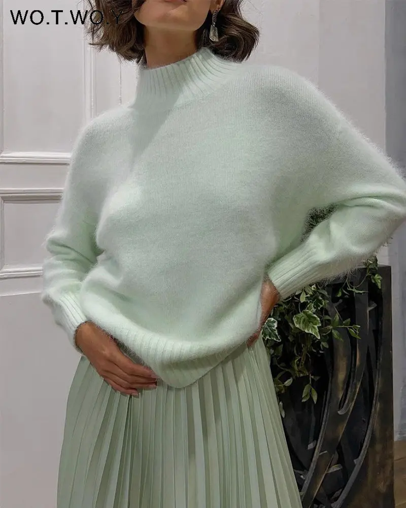 WOTWOY Autumn Winter Knitted Cashmere Sweaters Women Loose Basic Pullovers Female Soft Casual Solid Jumper Green White Tops 2022