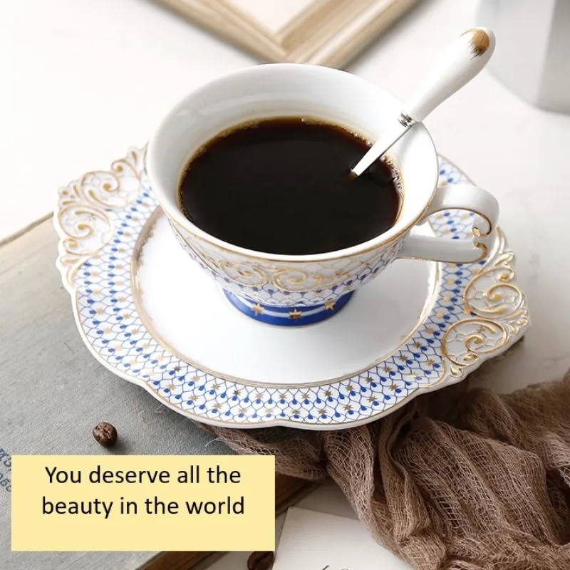 

European style ceramic coffee cup light luxury couple cup dish with spoon English style flower tea set household cafe gift