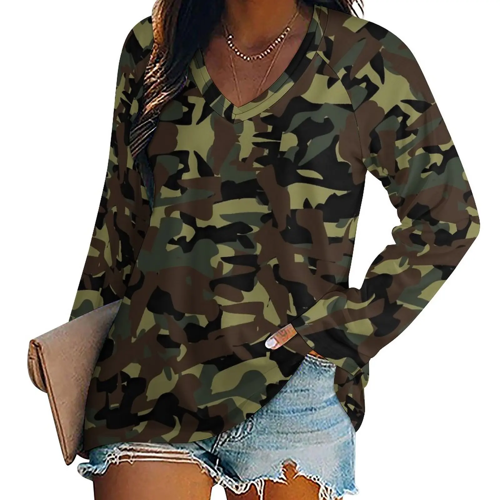 

Camo Print T Shirt Army Camouflage Pretty Long Sleeve T-Shirts Women V Neck Street Wear Tshirt Big Size Graphic Tops