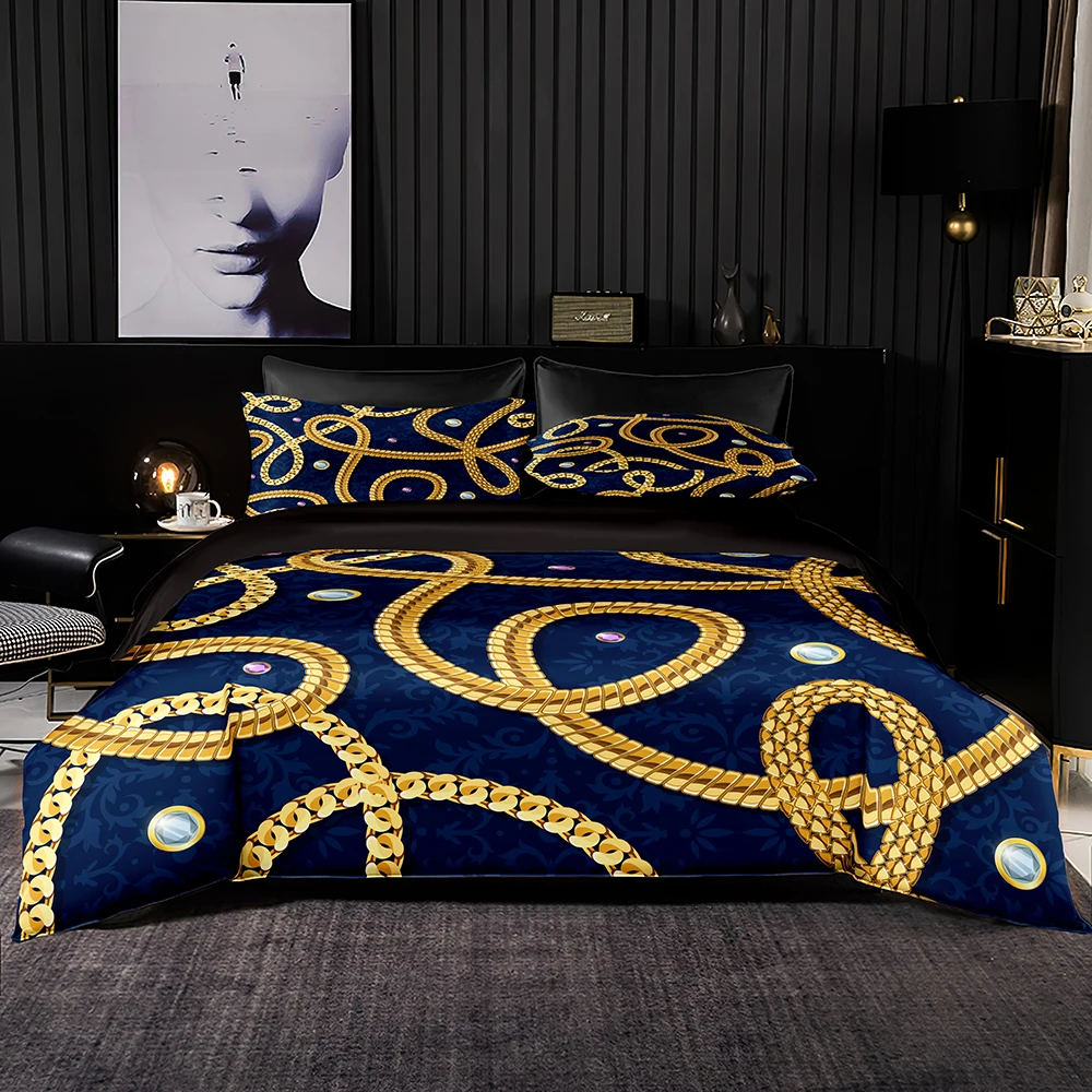 

Blue Euro Style Bedding Set Premium High End Duvet Cover with Pillowcase Gold Chain Pattern for Queen King Size Home Textiles