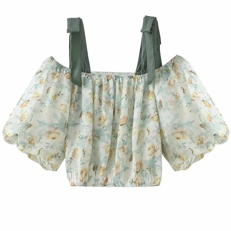

2022 Summer New Fresh Puff Sleeves Suspenders Chiffon Shirts Women Fashion Sexy Short-sleeved Floral Tops Boutique Clothing