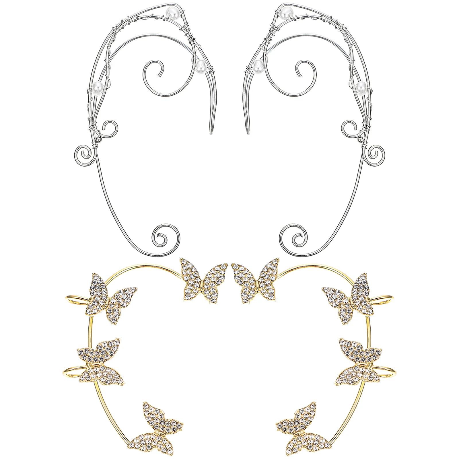 

2 Pairs Butterfly Clip on Earrings Elf Ear Cuff Jewelries Ear Clips Decorations for Women Ladies Elf ears Silver earcuff