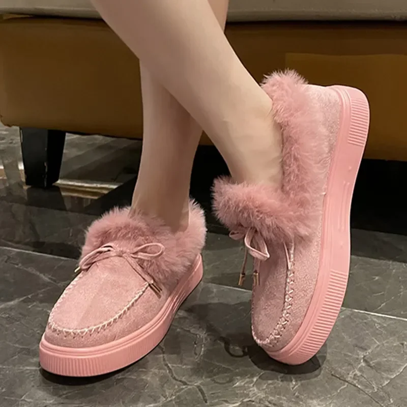 

Faux Fur Warm Snow Boots for Women 2023 Thicken Plush Slip-On Cotton Shoes Woman Flat Heels Non-Slip Winter Ankle Botas Size 43