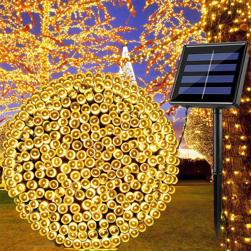 

7～32M Solar Powered Outdoor String Lights 100/200/300LED Christmas Lights 8Modes Waterproof for Wedding Party Patio Garden Decor