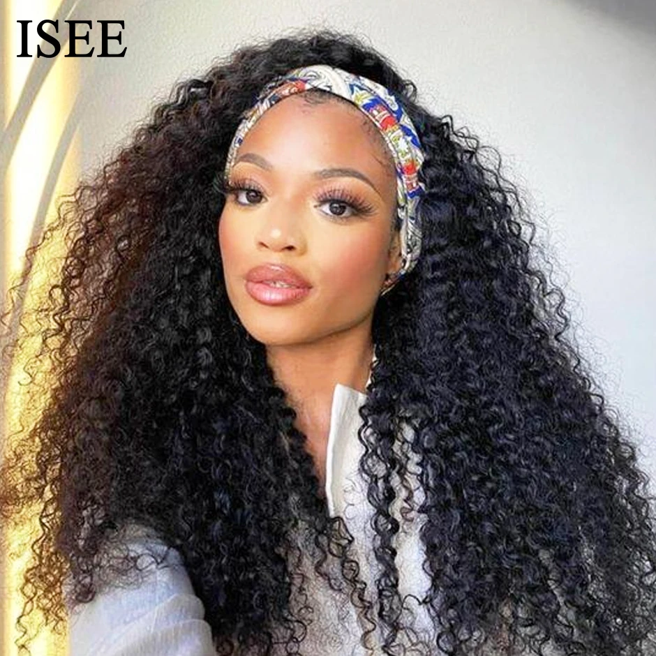 Headband Curly Wig ISEE HAIR Kinky Curly Human Hair Wigs 180% Jerry Curly Headband Wig For Women Full Machine Made Curly Wigs