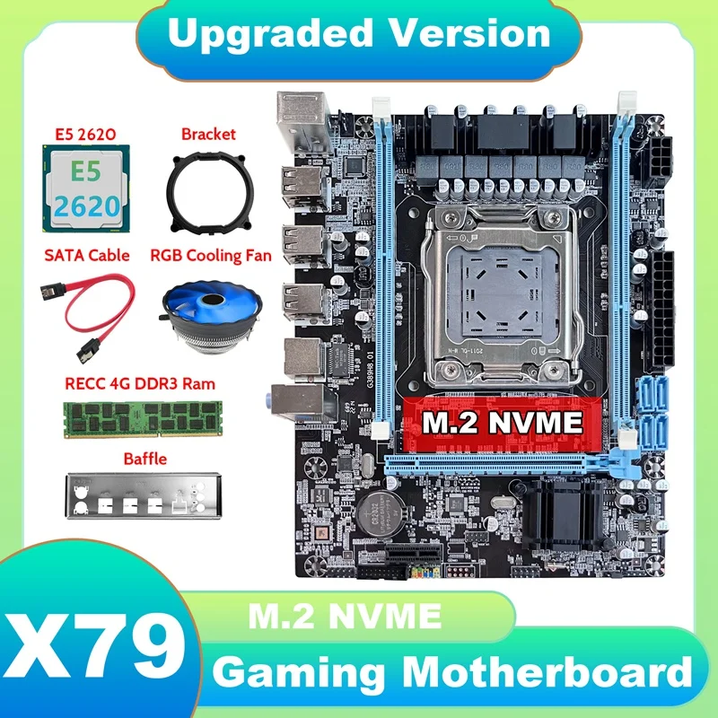 

X79 Motherboard V389+E5 2620 CPU+DDR3 RECC 4GB RAM+Fan+SATA Cable+Baffle+Bracket NVME LGA2011 For CF LOL PUBG