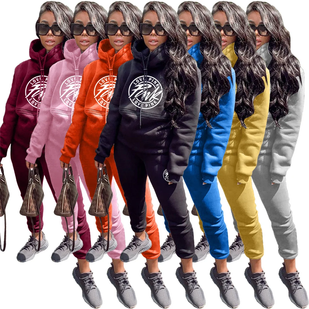 

Womens Clothes New Arrival 2021 Pink Tracksuit Sets Fashion Sweatshirt Casual Sweatpants Jogging Two Piece Sets Wholesale