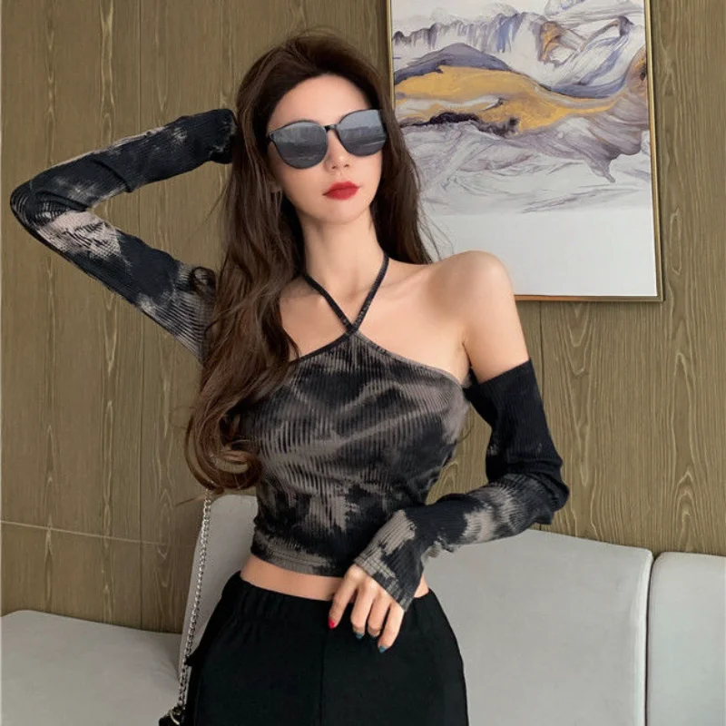 

Crops Y2k T-shirts Women Retro Tie-dye Hotsweet Street Style Harajuku Long Sleeve Sexy Spring Summer All-match Club Halter Tops