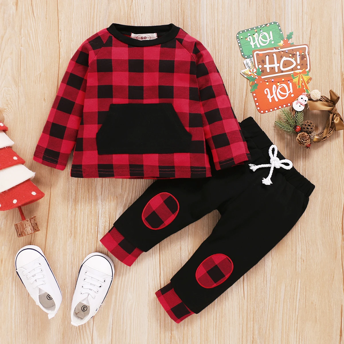 

2 шт., клетчатая футболка с длинным рукавом и круглым вырезом