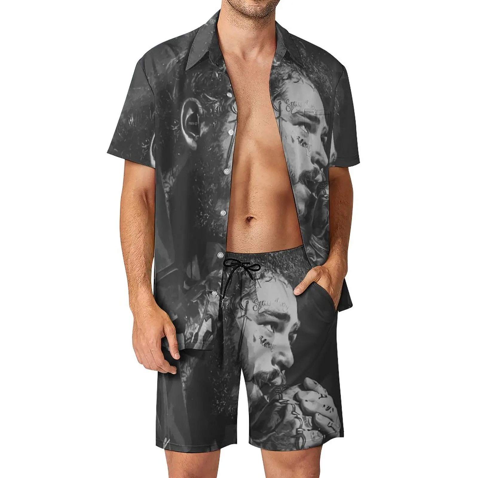 

Scrimout Post Malone Looks Men Sets Rapper Sing Song Concert Hip Pop Casual Shirt Set Vacation Shorts Suit Two-piece Clothes