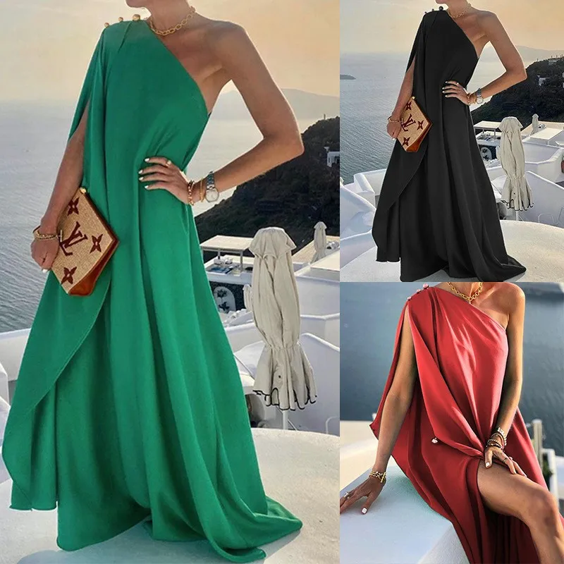 

Europe and America 2023 summer new temperament fashion solid color loose one-shoulder long dress