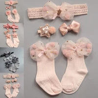 4pcs newborn baby girls socks sets non slip bow knot socks hair clips elastic headband infant toddler cute leg warmer socks