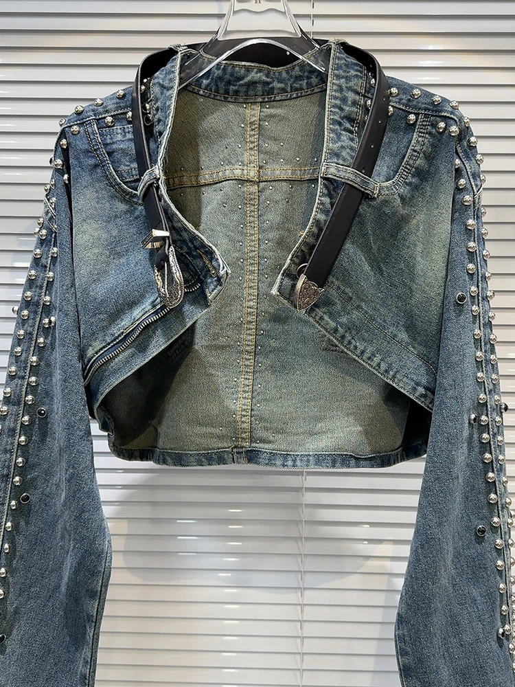 Женская джинсовая куртка DEAT винтажная на одной пуговице с заклепками и поясом