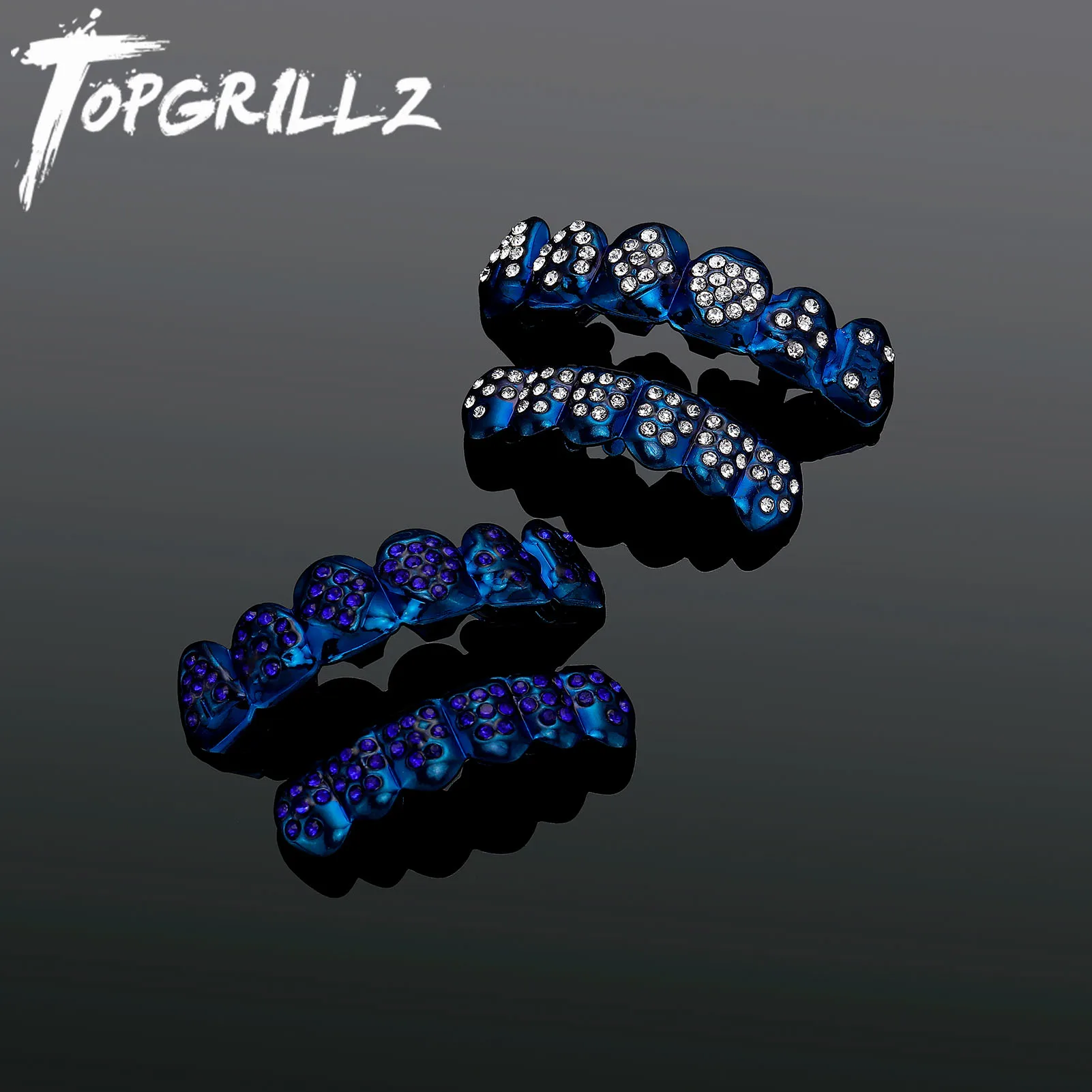 Фото TOPGRILLZ HipHop Bling Iced out CZ Blue Teeth Grillz Caps For Unisex Cubic Zircon Micro Pave Top&Bottom Grills Set Party Jewelry №1