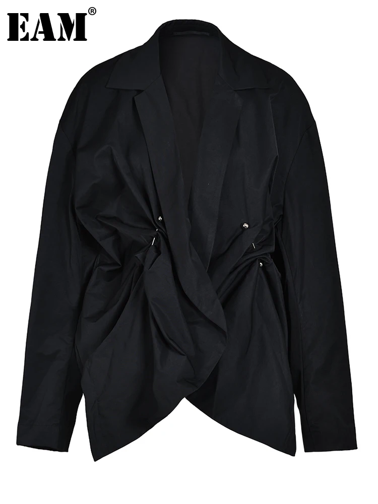 

[EAM] Loose Fit Black Pleated Irregular Big Size Jacket New V-neck Long Sleeve Women Coat Fashion Tide Spring Autumn 2023 Cp1608