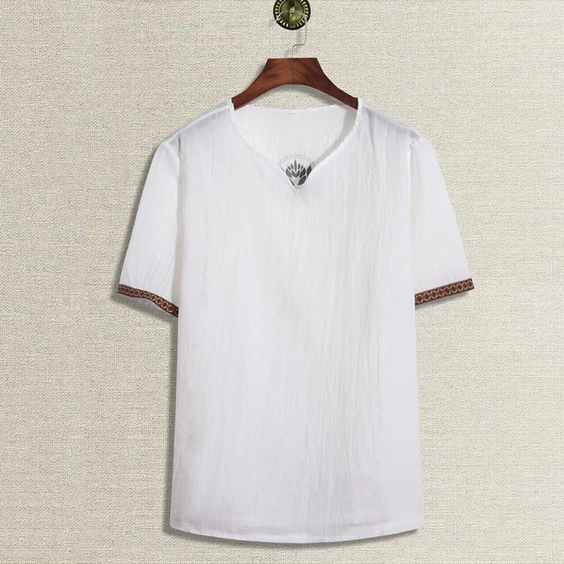 

Футболка мужская из хлопка и льна, Повседневная Свободная рубашка с коротким рукавом, в китайском ретро стиле, льняная футболка Тан, на лето