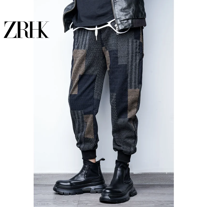 Early Autumn New Menswear Fashion Brand Knitted Ankle-Tied Men's Casual Plaid Trousers Match with Martin Boots Workwear Pants