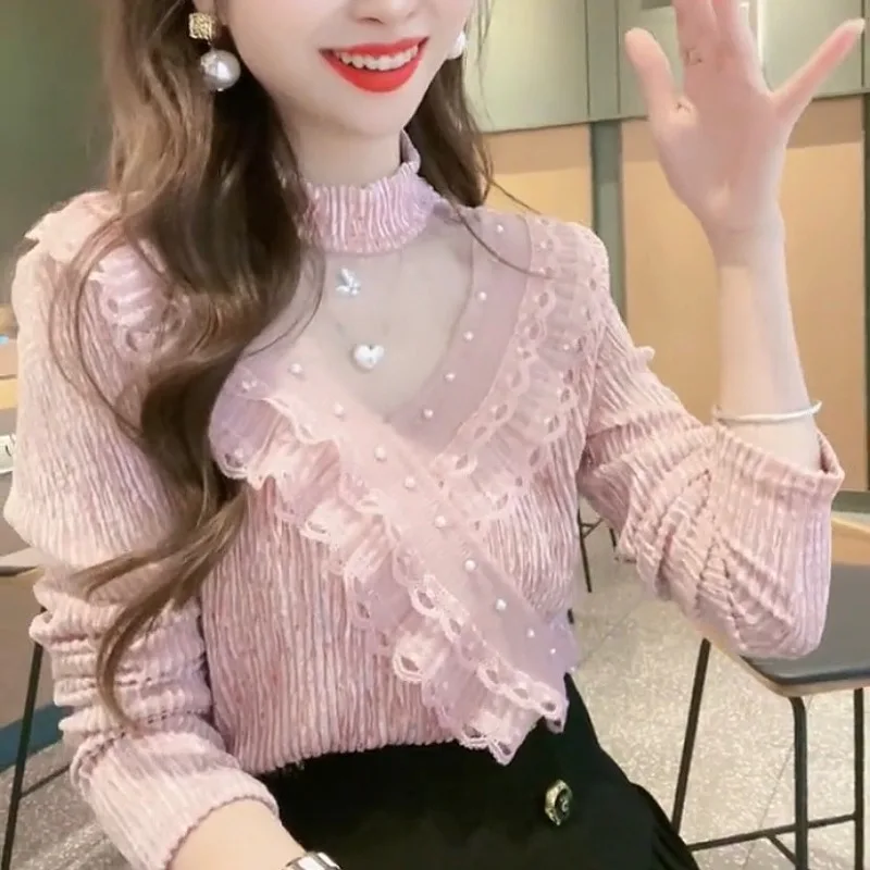 Женский осенне-зимний новый корейский ажурный лоскутный топ с полувысоким