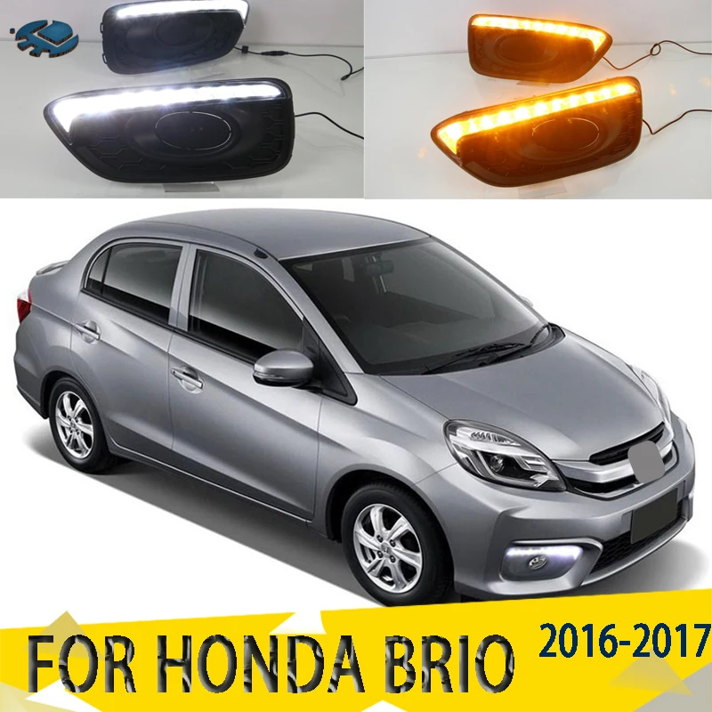 

Светодиодные дневные 2 цвета, вождения, бега, светильник для Honda Brio 2016-2017 2 шт. DRL 6000 К туман светильник белый желтый 12V дневной светильник