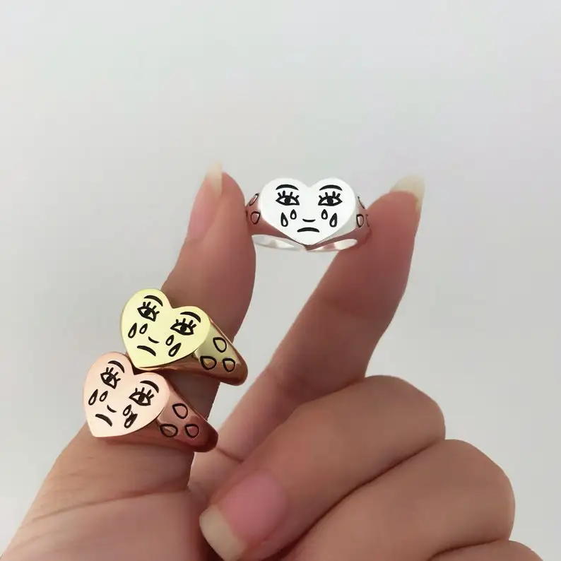 

Silver Fun Face Ring, Love Heart Rings, Black Heart Ring, Sad Face Ring,Signet Ring, Crying Ring,Cartoon Face Ring, Adjustable