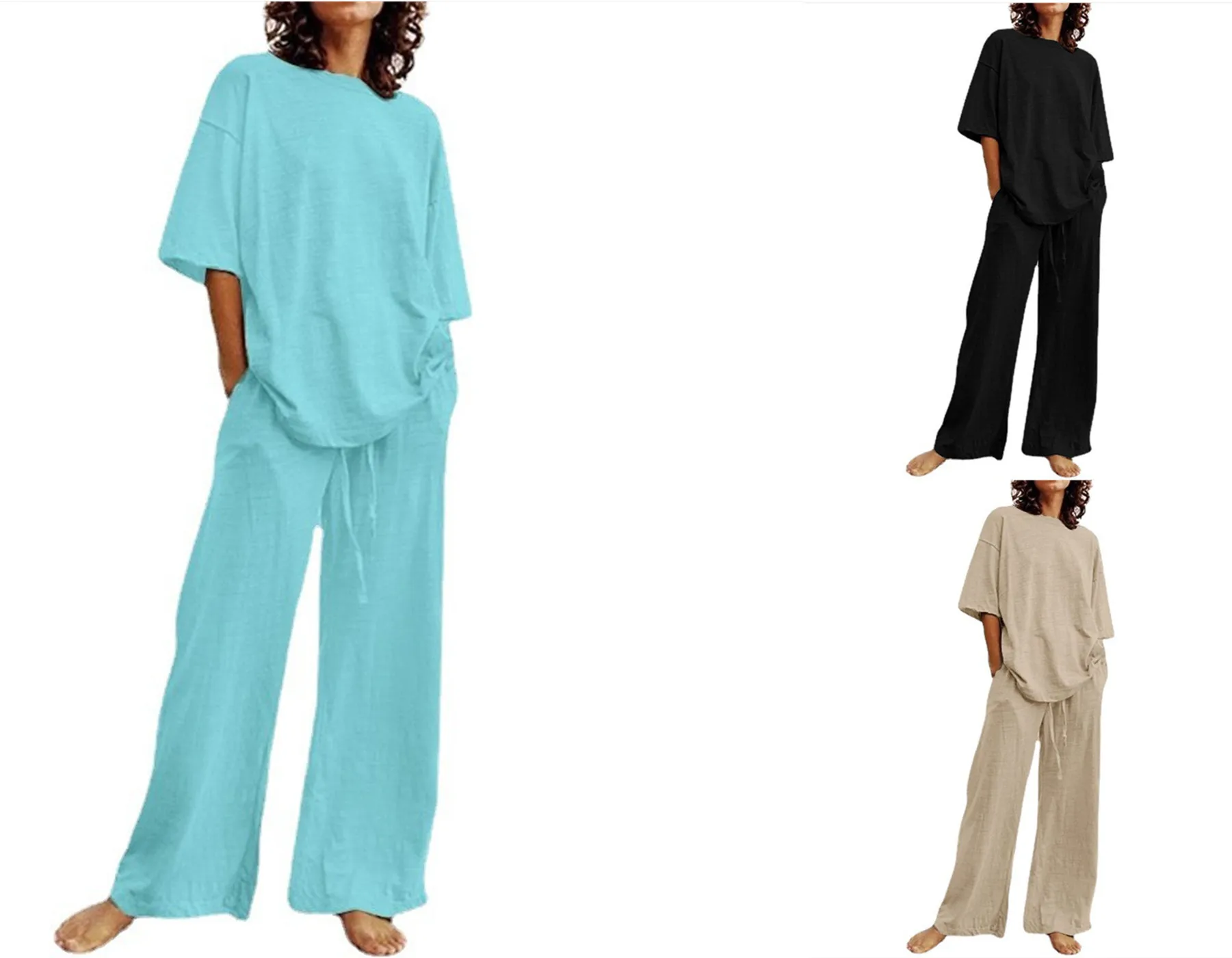 

2022 Summer Elegant Women Pant Sets Fashion Half Sleeve O-neck Top Wide Leg Pants 2pcs Sets Casual Loose Home Suits Femme