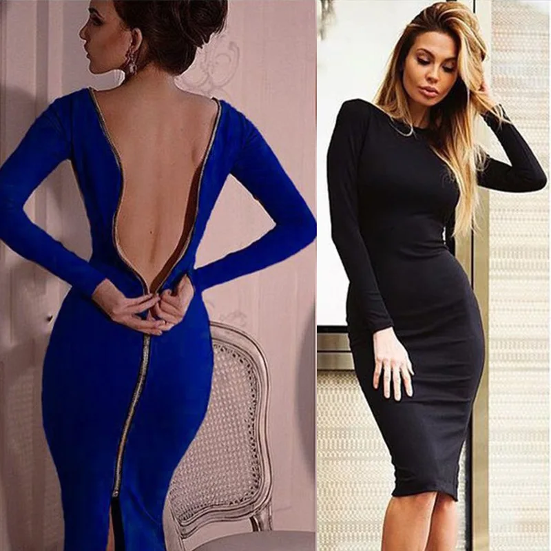 

Sexy Women Stretch Back Zipper Crewneck Slim Fit Long SLeeve Knee Length Backless Evening Party Dress Vestidos De Fiesta