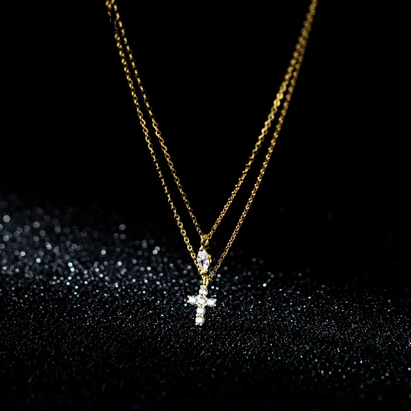 

WOOZU 925 Sterling Silver Vintage Double Chain Cross Stone Pendientes Necklace for Women Party Simple Choker Jewelry Accessories