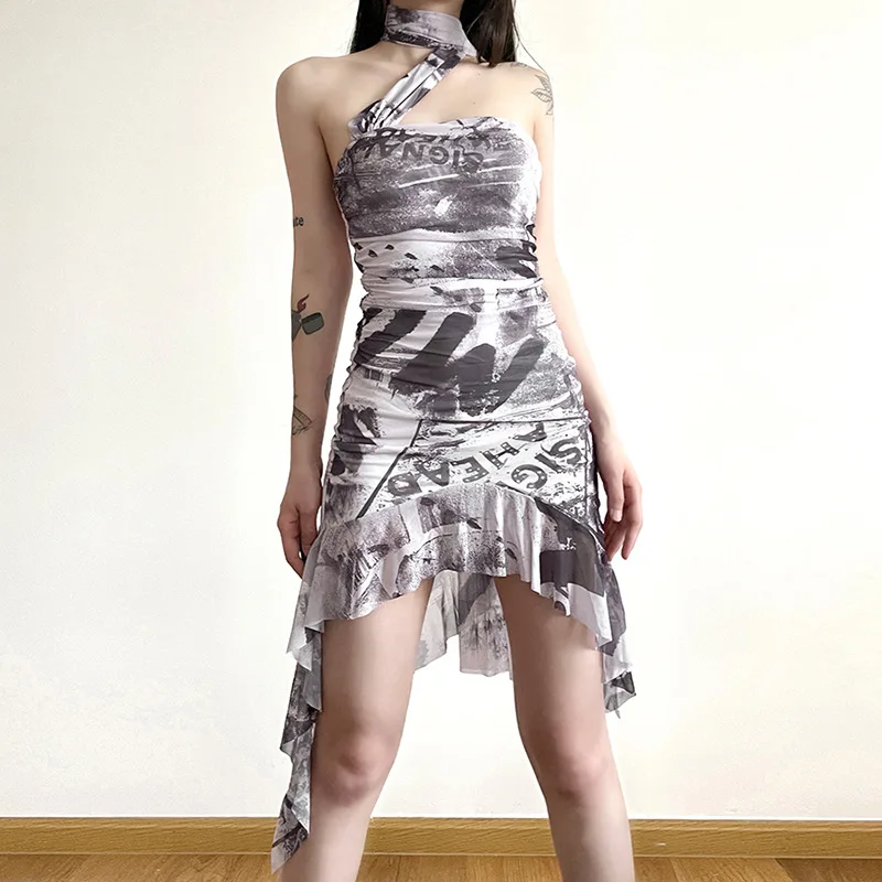 

Y2K Vintage Letter Creative Tie-Dye Print Irregular Dress Summer Party Club Fashion Personalized Sexy Women Pleated Dresses