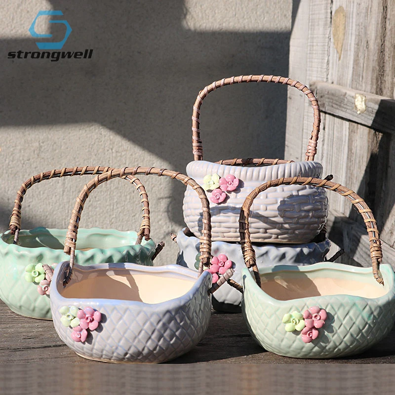 

Strongwell переносная корзина для суккулентов, цветочный горшок, подвесной горшок, керамическая грубая керамика, креативная раковина, украшение...