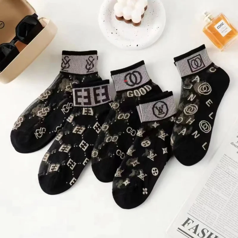 

5 пар, женские короткие чулки с кружевом, в горошек