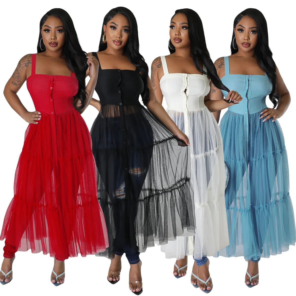 

Mesh Patchwork Women's Sling Maxi Dress Sexy Adjustable Strap Cardigans Sleeveless Mesh Splice Elegant Female Long Dress Summer