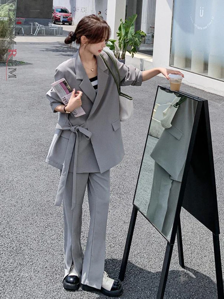 LANMREM Korean Casual Drawstring Slit Design Gray Niche Blazers With Wide Leg Pants 2 Pieces Sets Women Fashion Clothing 2R5420