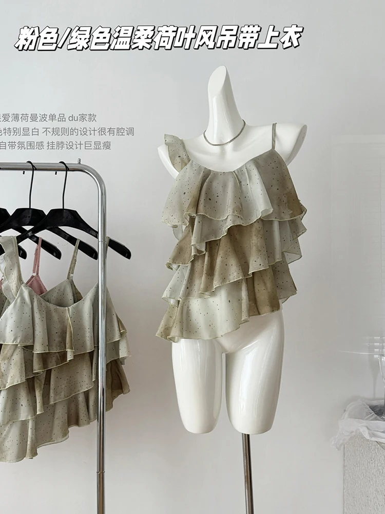 Женская винтажная шифоновая кофта на бретелях с оборками