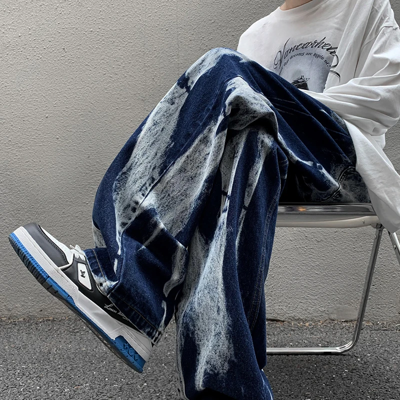 2023 Spting Tie-dye Jeans mens High Street Straight Denim Pants Men Baggy Fashion Trend Jean Pants Mens Wide-leg BF Clothing