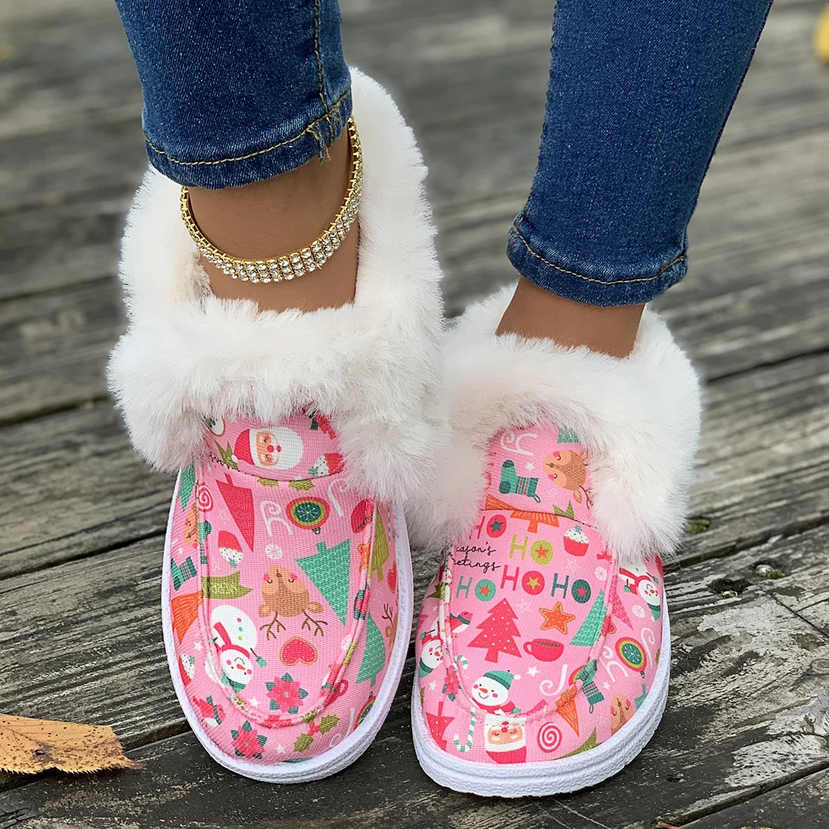 Женские парусиновые ботинки с принтом Санта Клауса рождественские пушистые