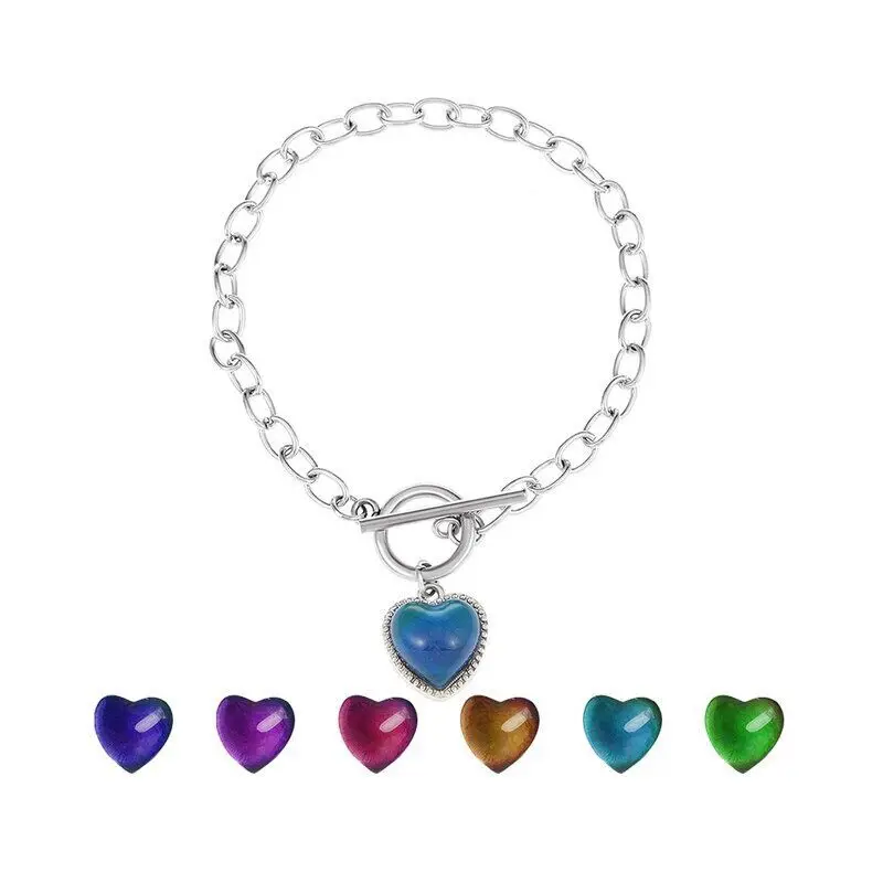 

Mood Bracelet Peach Heart Love Pendant Bracelets Temperature Control Color Change Necklace Stainless Steel Chain Jewellery Women