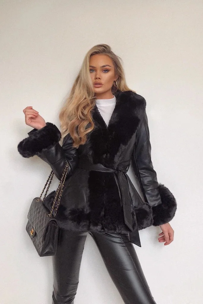 Women Fashion PU Leather Tie Belt Waist Long Coats 2023 Side Pockets Jackets Elegant Solid Faux Fur Jacket Female Overcoat Lady