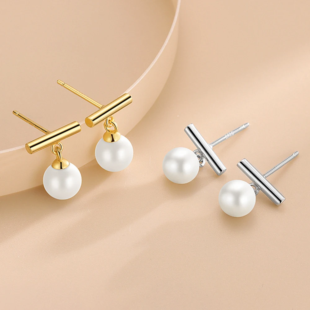 

WPB S925 Sterling Silver Earrings T Shape Pearl Stud Earrings Women K Gold Plated Luxury Jewelry Gifts Party Prom Banquet